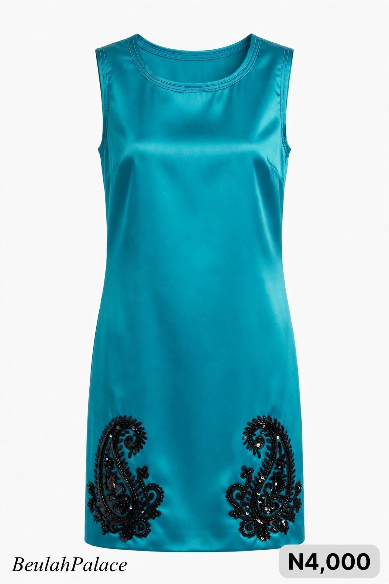 Teal Satin Sleeveless Dress With Sequin Design - Size M - 1 Piece Only